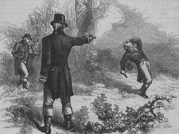 Vice-presidente Aaron Burr matando o ex-secretário do Tesouro Alexander Hamilton em um duelo em 11 de julho de 1804.