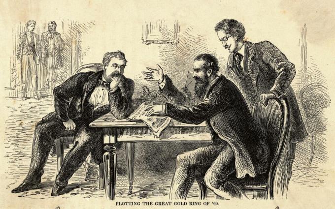 James Fisk (à esquerda) e Jay Gould (sentado à direita) tramando o Grande Anel de Ouro de 1869. Gravação.