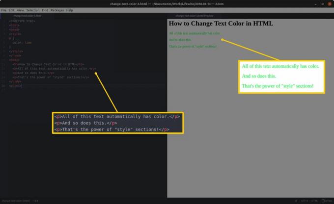 Editor de código com HTML e seções destacadas à esquerda e uma visualização de HTML e resultados destacados à direita