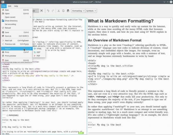 ReText, o Editor de Markdown, Mostrando Visualização ao Vivo e Opções de Exportação.