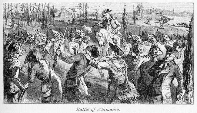 Forças da milícia do governador Tryon atirando contra os reguladores durante a Batalha de Alamance, a batalha final da Guerra do Regulamento.