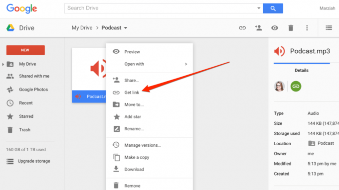 Obtenha o link na captura de tela do Google Drive