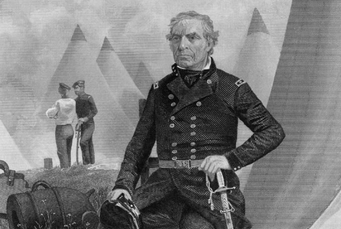 Retrato gravado de Zachary Taylor em uniforme militar.