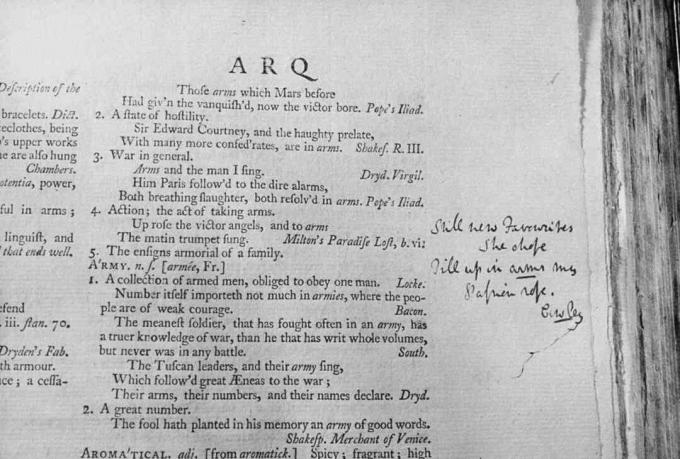 Closeup de páginas das primeiras edições do Dicionário de Inglês da Samuel Johnson, incluindo notas manuscritas nas margens.