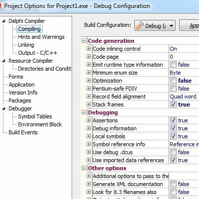 Configuração de compilação de depuração no Delphi