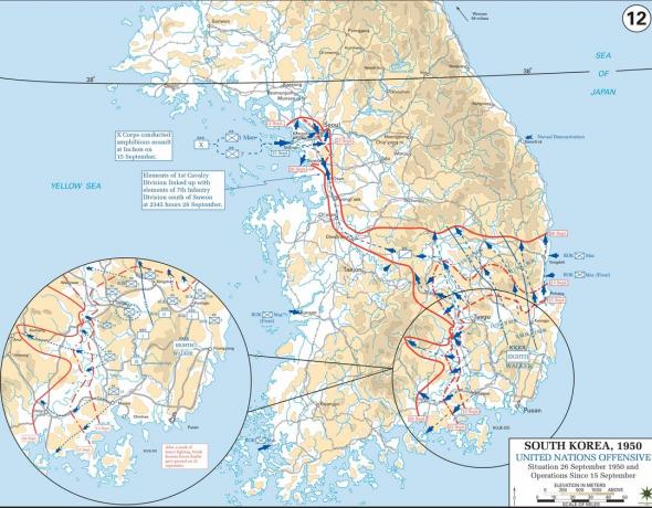 Mapa de invasão de Inchon e fuga de perímetro de Pusan