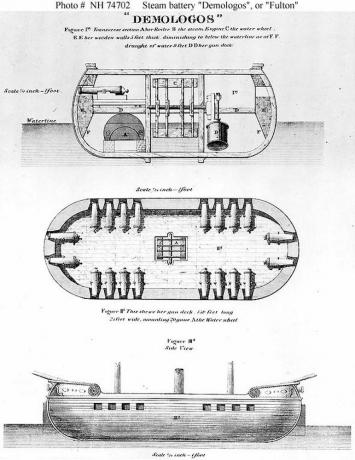 Desenho do navio de guerra movido a vapor do inventor Robert Fulton, Demologos