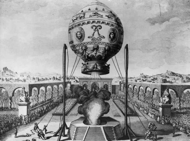 A subida do balão de ar quente projetado por Joseph Michel Montgolfier