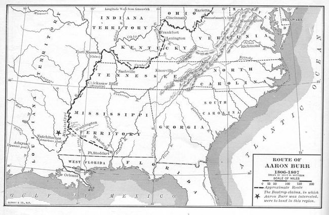 Mapa ilustra a rota aproximada do ex-vice-presidente dos EUA Aaron Burr durante sua viagem pelo rio Mississippi no que ficou conhecido como a conspiração de Burr em 1806-1807