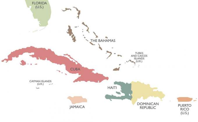 Mapa político das Grandes Antilhas