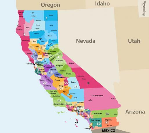Mapa dos 53 distritos congressionais da Califórnia.